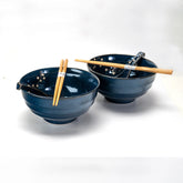 Blue Cherry Blossom Double Bowl Set With Chopsticks and Spoons