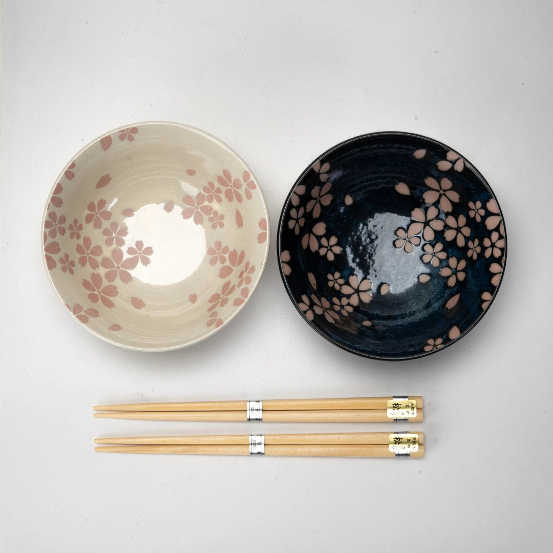 Hasui Sakura Cherry Blossoms Double Bowl Set With Chopsticks