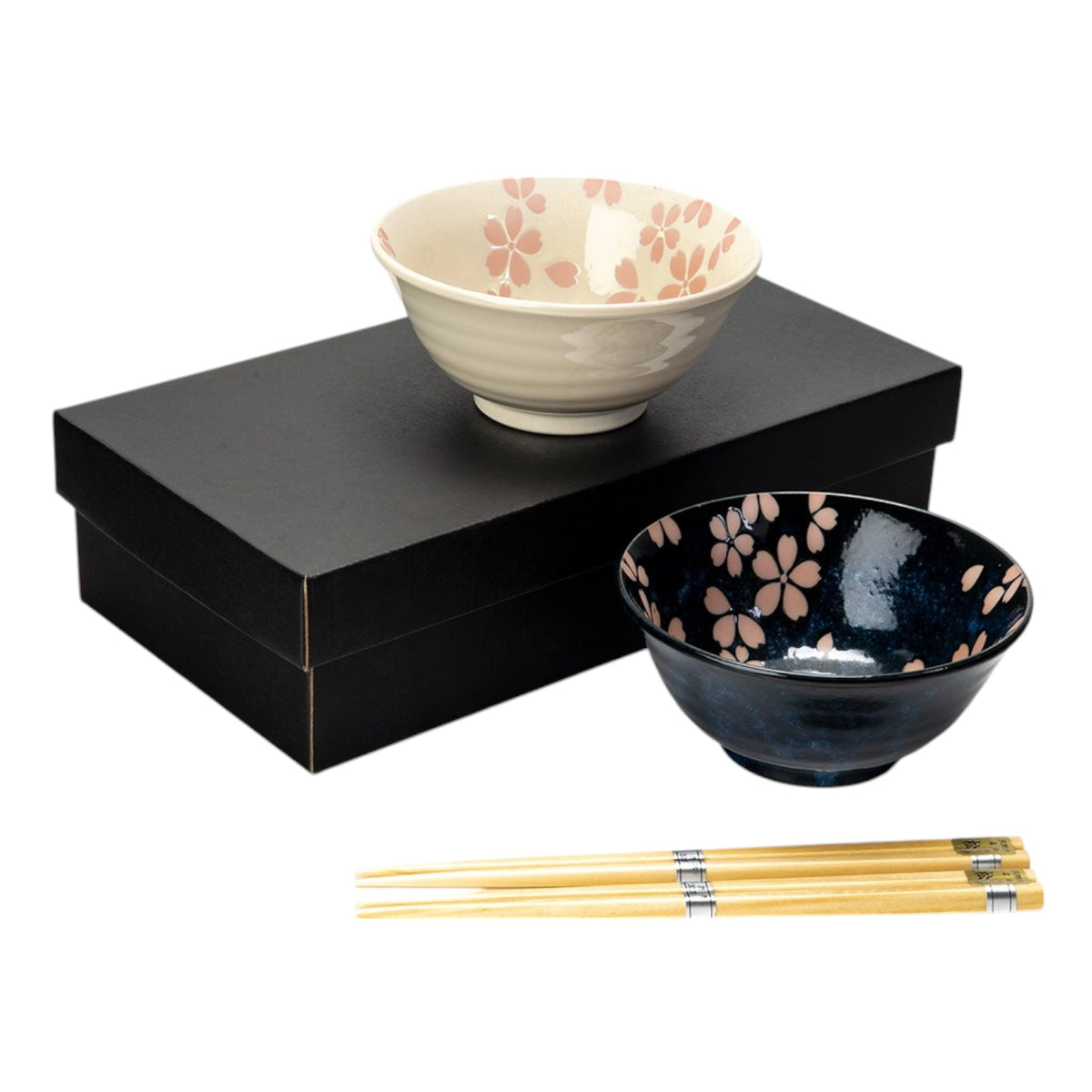 Hasui Sakura Cherry Blossoms Double Bowl Set With Chopsticks