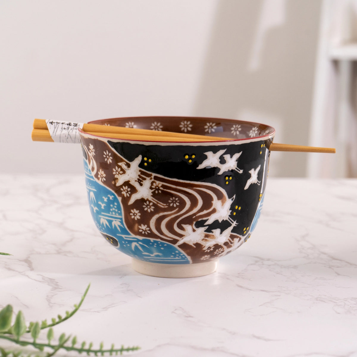 Blue Japanese Crane Design 18oz Bowl with Chopsticks Set