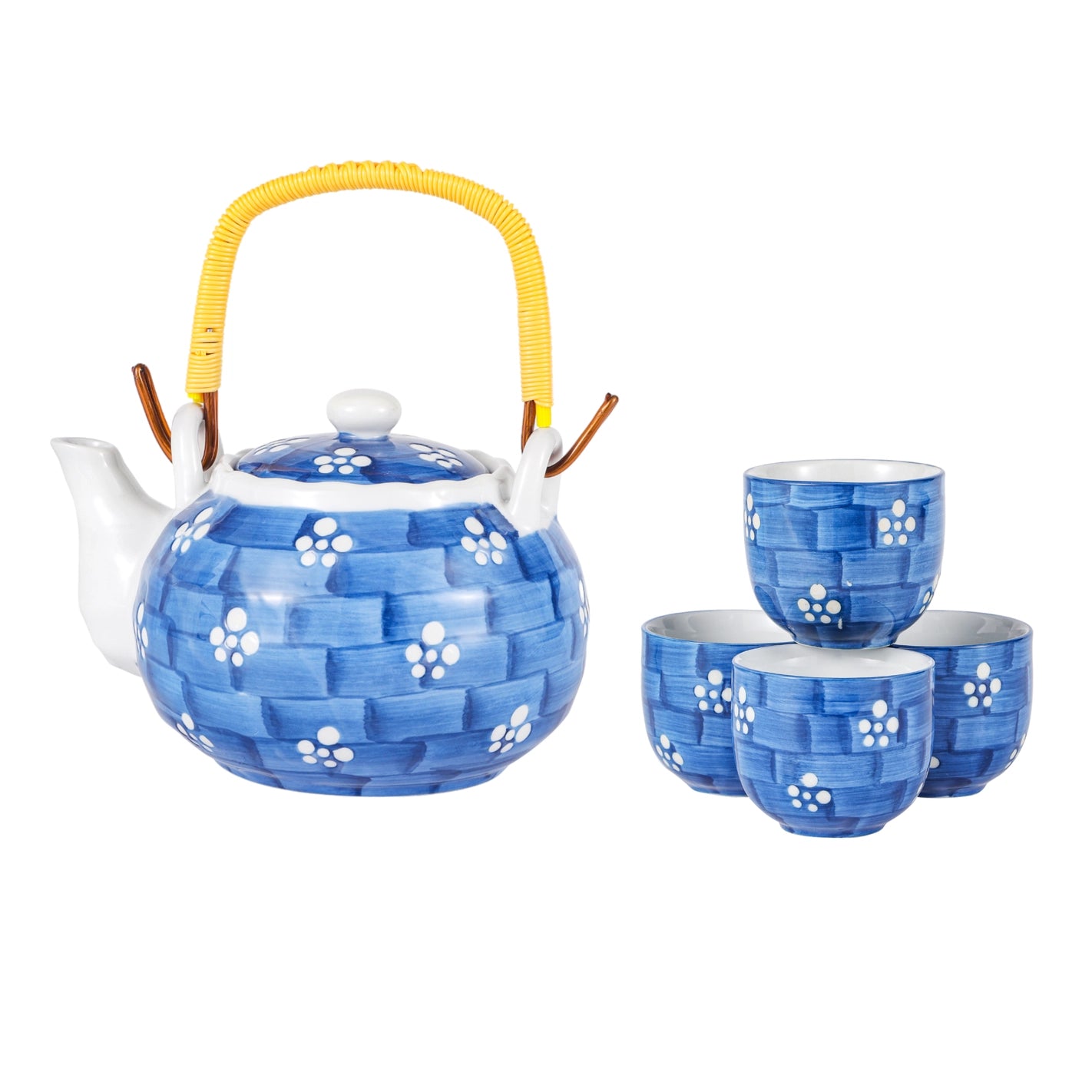 22 oz Hanten Blossoms ceramic teapot with bamboo handle and four matching cups, all decorated with soft floral designs—ideal for a peaceful and beautiful tea experience.