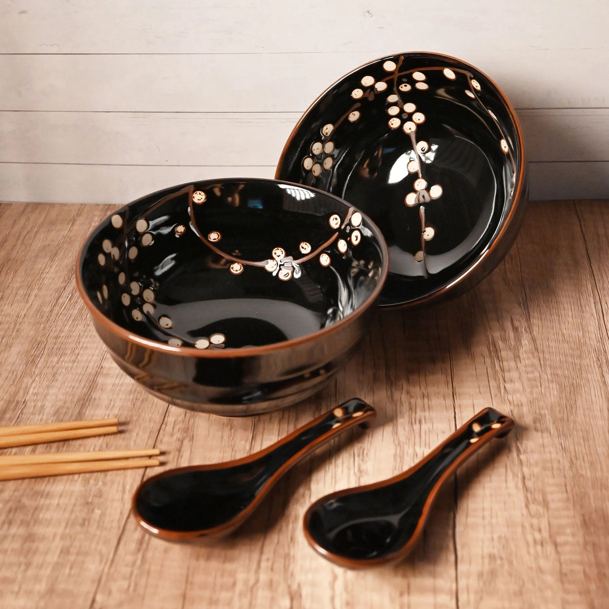 6" Night Flowers Ceramic Bowl Set w/ Spoon & Chopsticks – Double Bowl Set