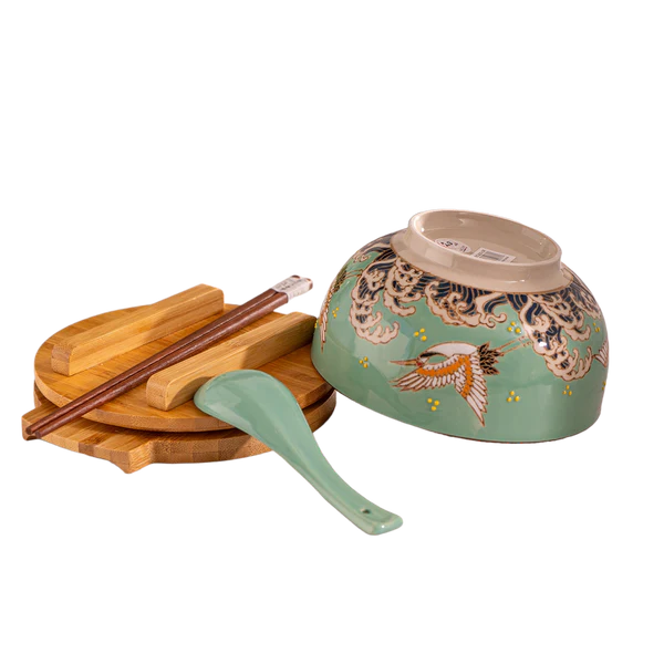Japanese Crane Bowl WITH WOODEN LID AND TRIVET SET