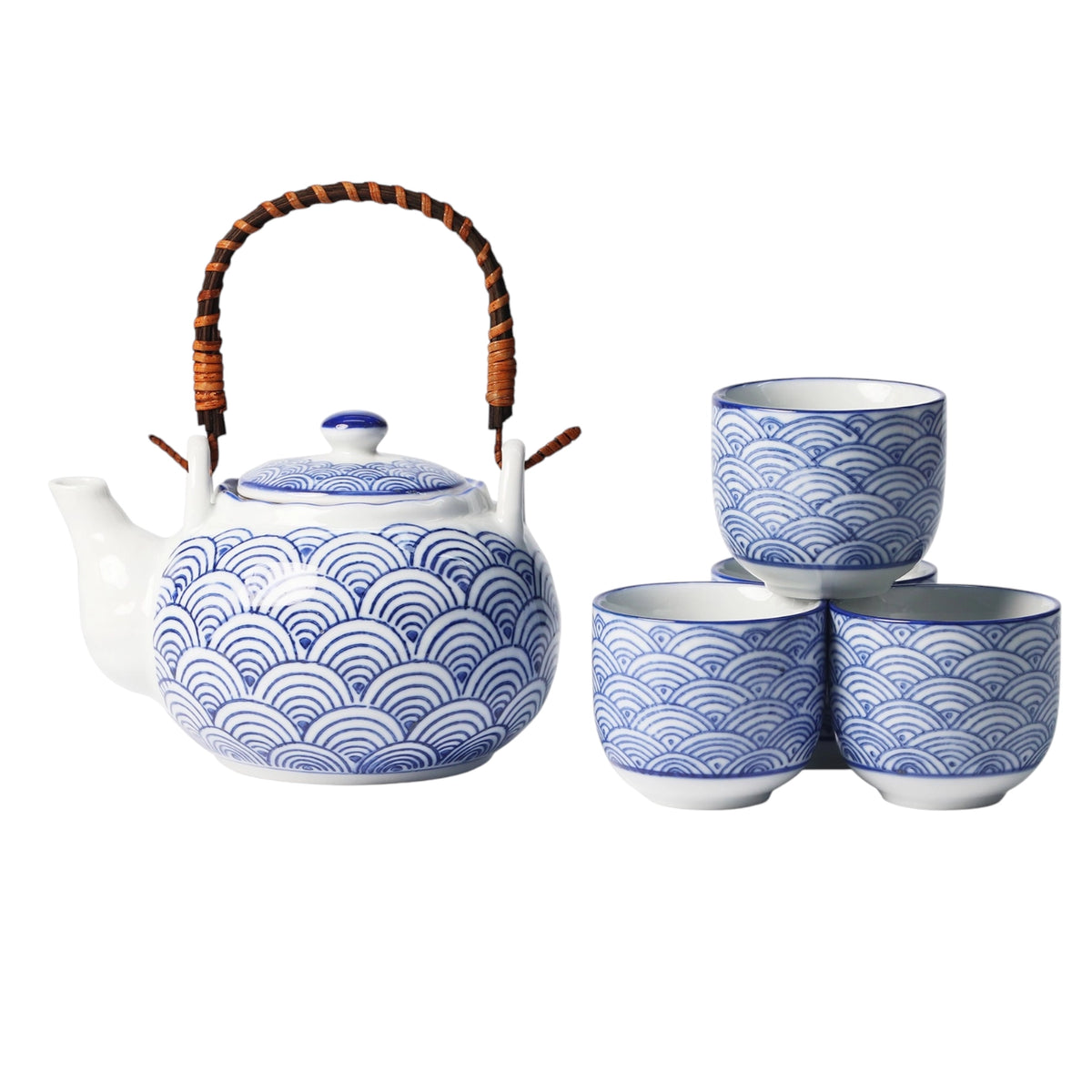 22 oz ceramic teapot with bamboo handle and four coordinating cups, all decorated with the iconic Japanese Seikaiha wave pattern in blue and white.