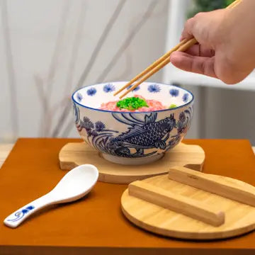 Blue Koi Fish Ceramic Bowl Set with Lid, Spoon, and Trivet