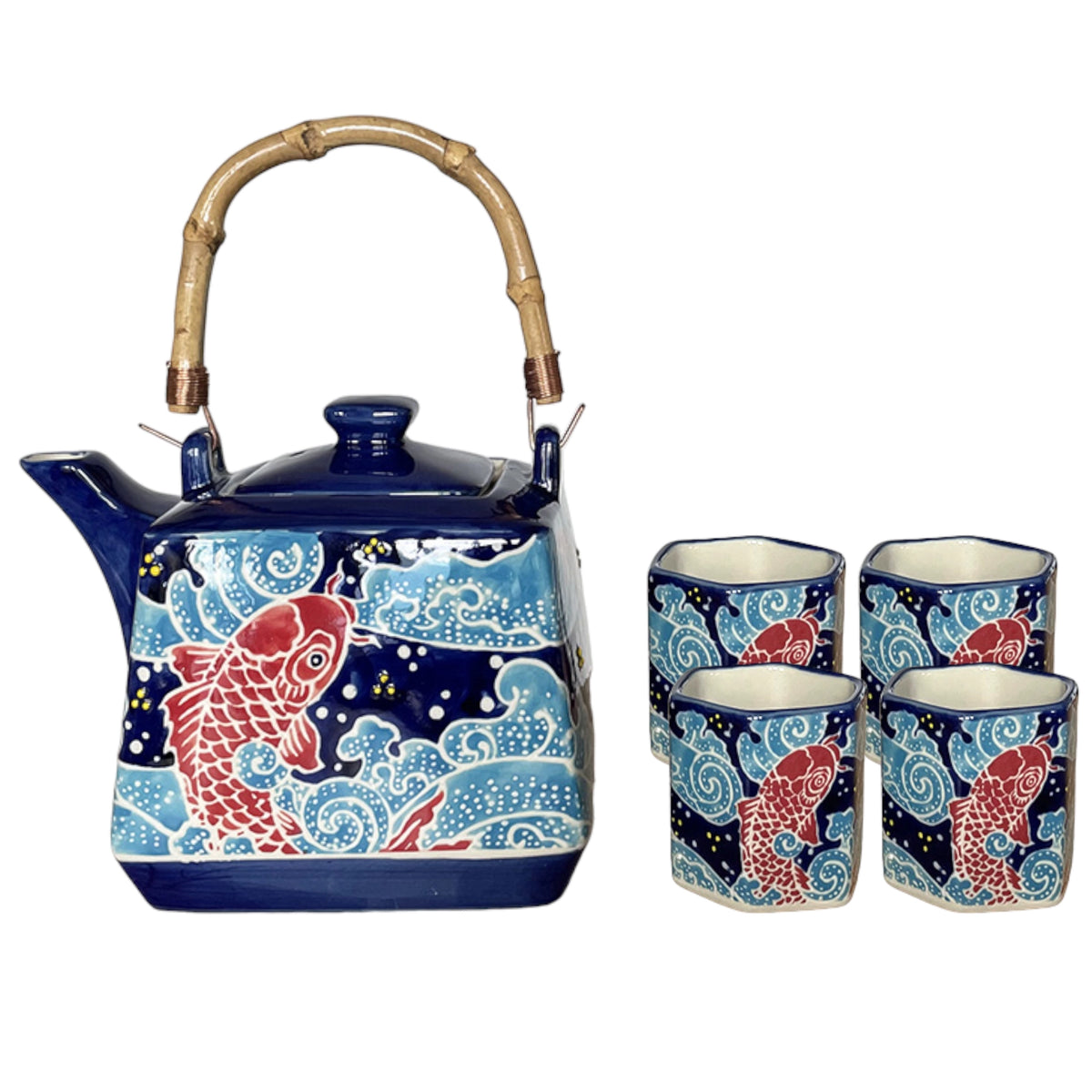 Ceramic teapot with bamboo handle and four cups featuring red koi fish swimming in blue waves under a starry sky.