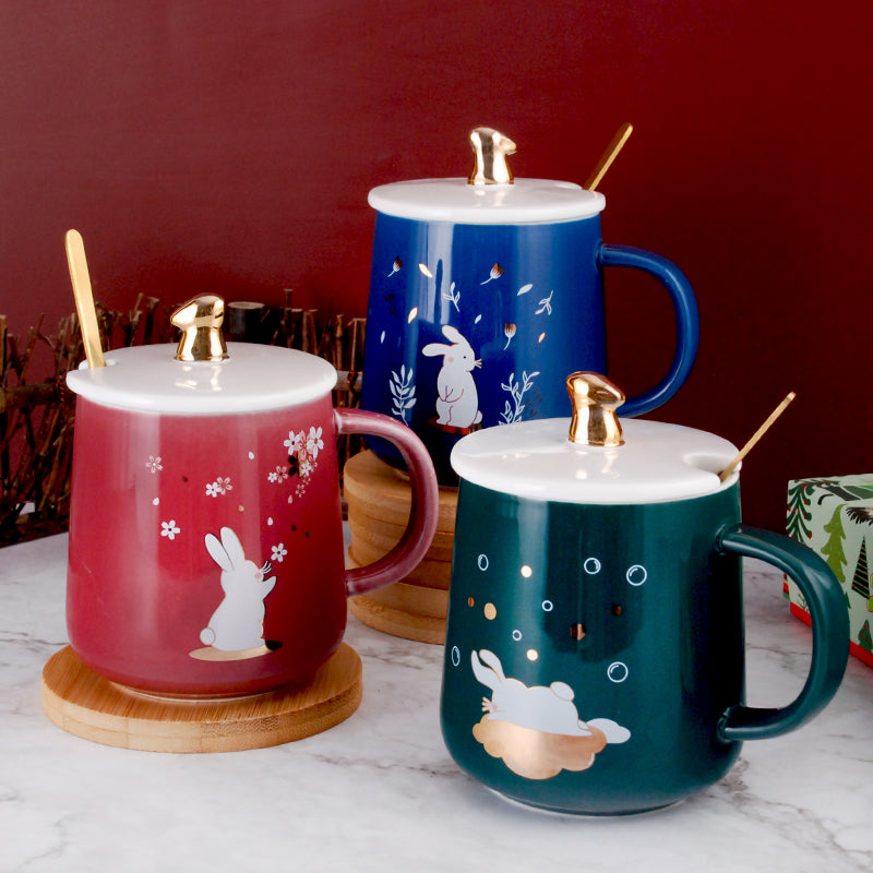 Taza Conejo Azul con Cuchara Dorada