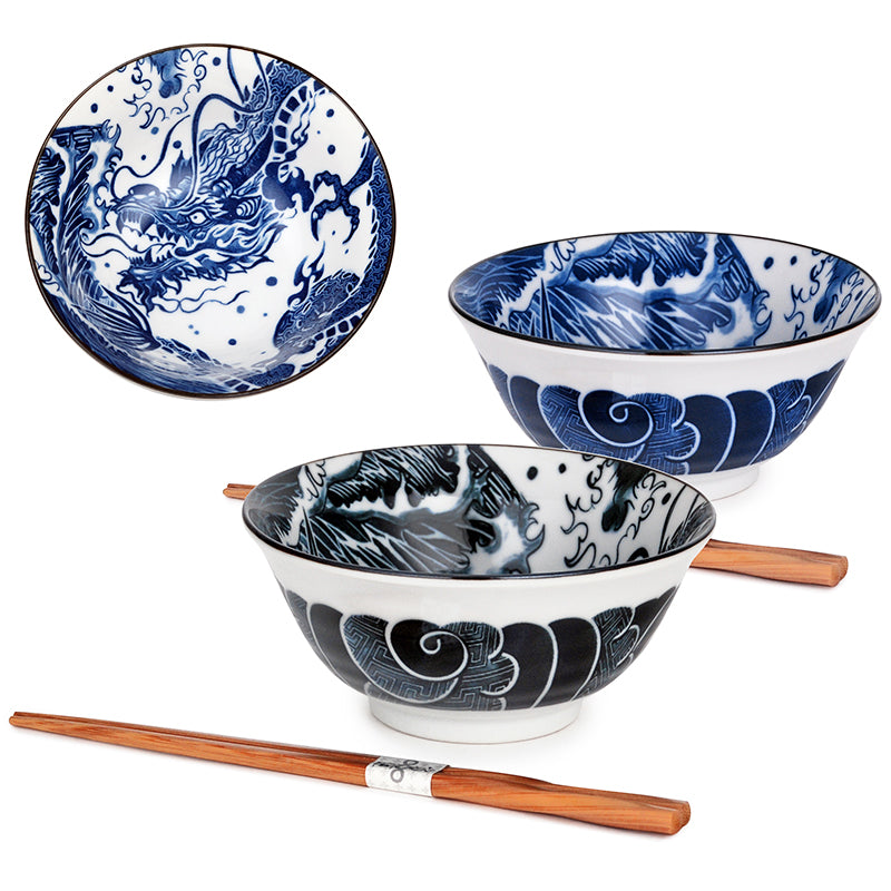 Blue and White Dragon Bowls and Chopsticks for 2
