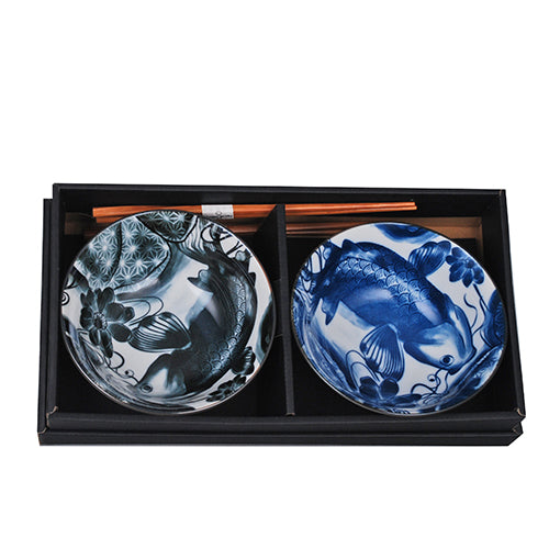 Cuencos y palillos Koi azules y negros para 2