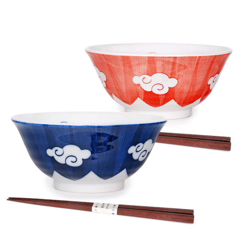 Red and Blue Cloud Bowls and Chopsticks: Set for 2