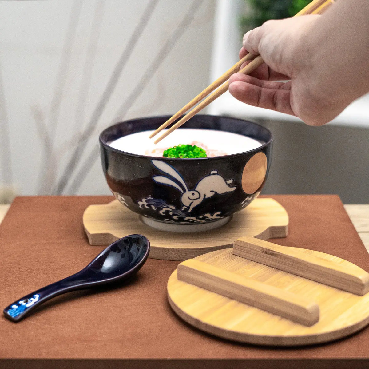 Moon Rabbits Bowl 2 With Wooden Lid and Trivet Set