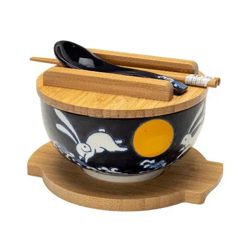Moon Rabbits Bowl 2 With Wooden Lid and Trivet Set