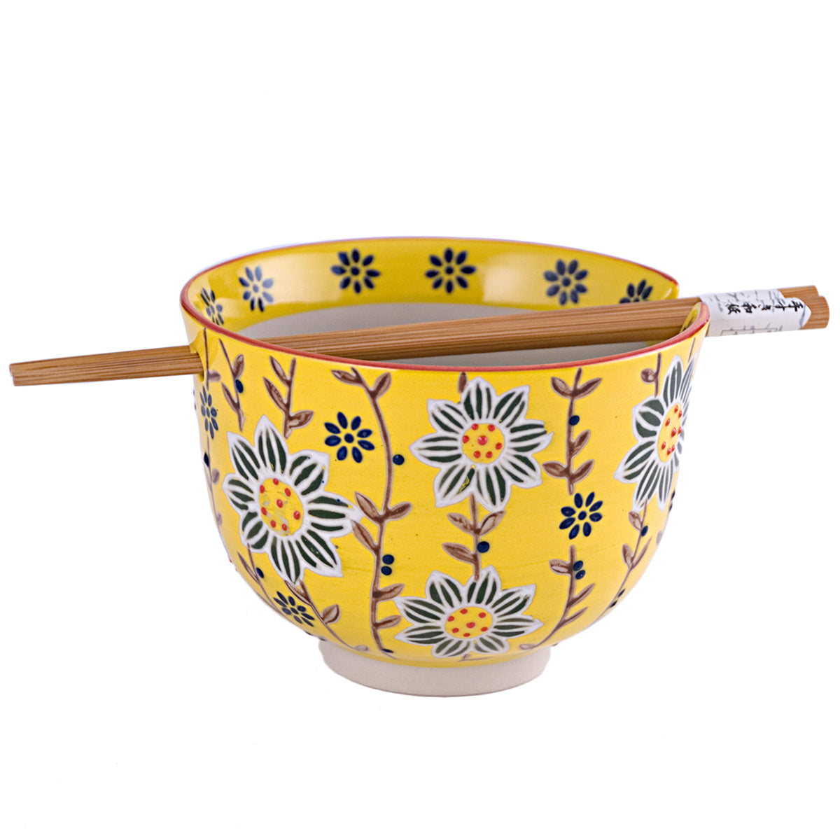 Tazón de flores amarillo con palillos