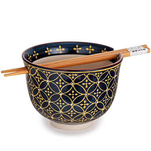 Tazón con patrón azul amarillo con palillos