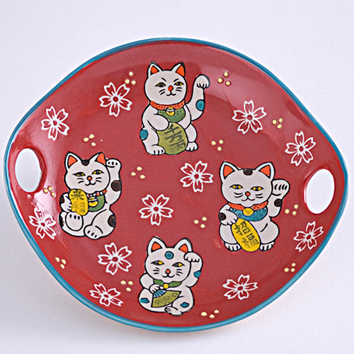 Red Lucky Cat Plate w/Chopsticks