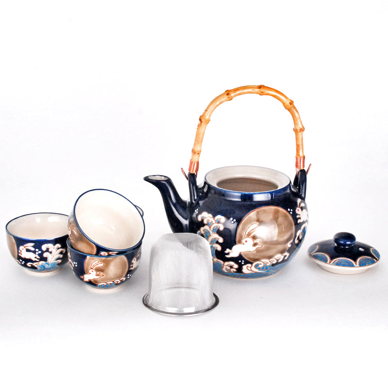 Rabbit Moon Blue Tea Set with Bamboo Handle