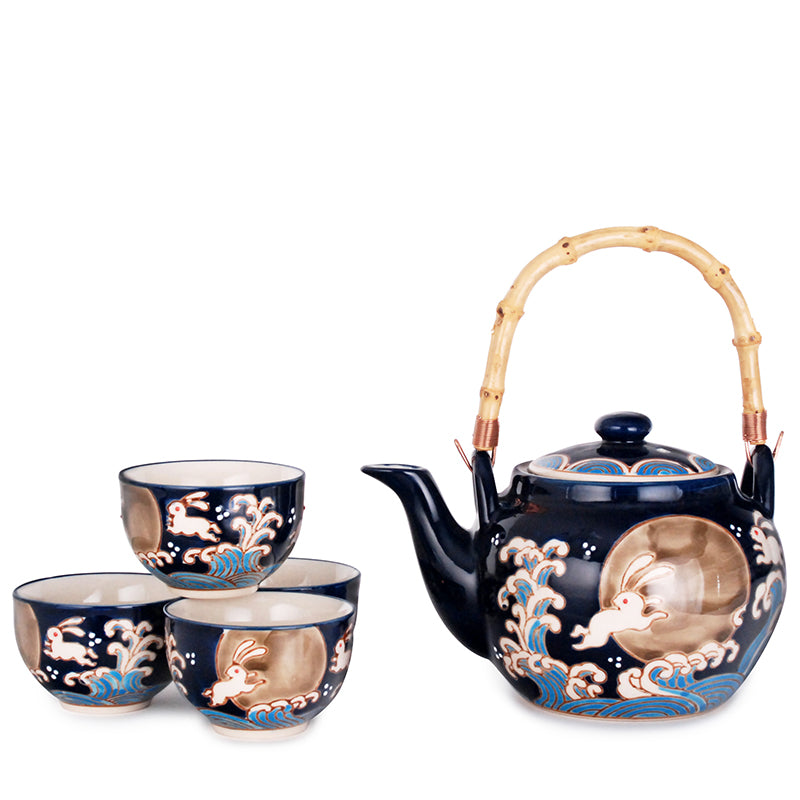 Rabbit Moon Blue Tea Set with Bamboo Handle