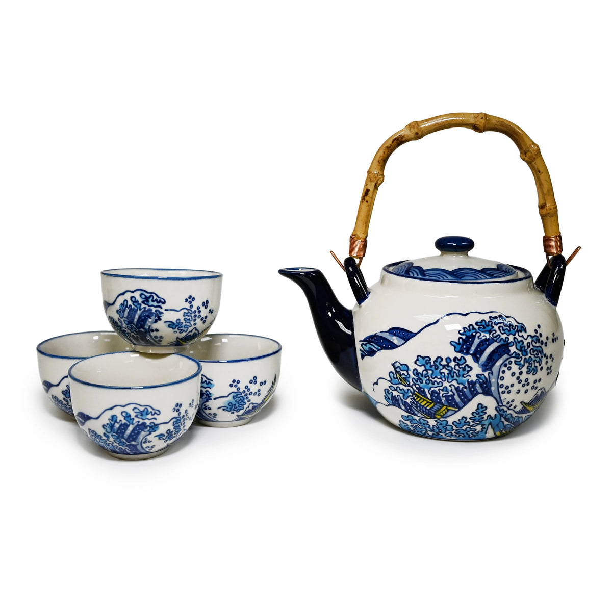 Blue Hokusai Tea Set 30 oz Tea Pot with 4 Cups