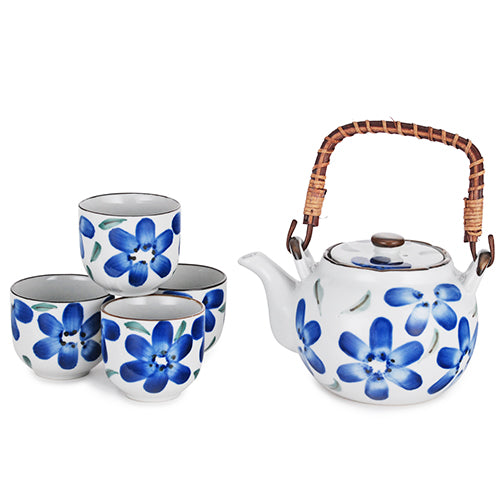 Juego de té de cerámica blanca con estampado de flores azules