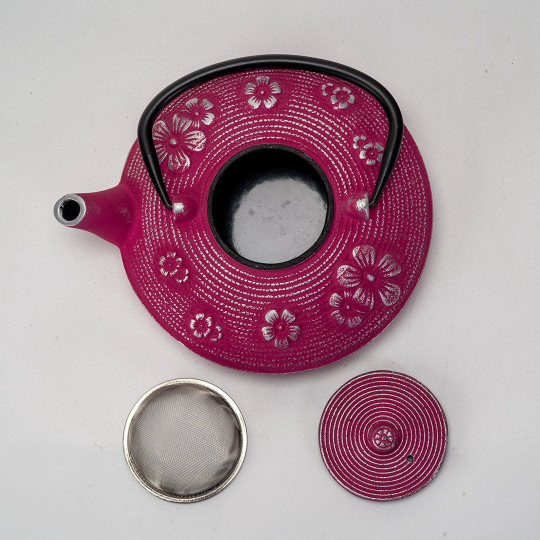 Magenta Ume Plum Blossoms 27 oz Cast Iron Tea Pot