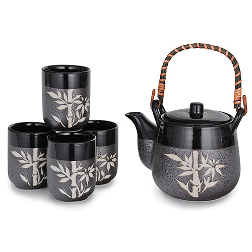 Black/Silver Ceramic Tea Set with Bamboo