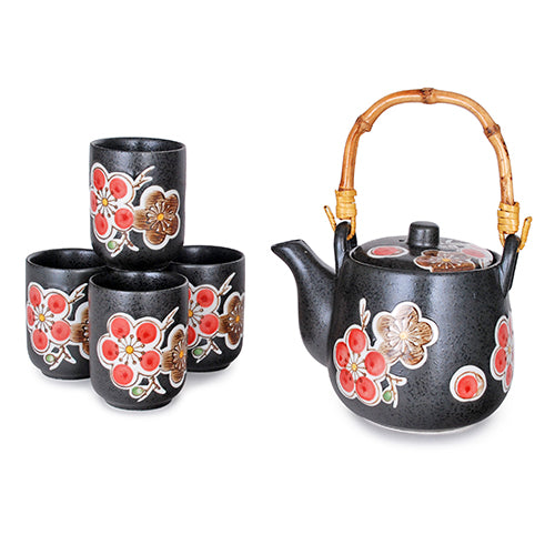 Black Ceramic Tea Set with Red Flowers Sipping Streams Tea