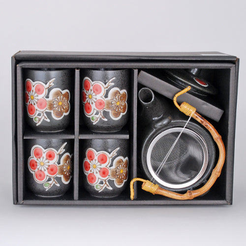 Japanese-style black ceramic tea set with red flowers including wooden handle and strainer nicely packaged and gift ready!