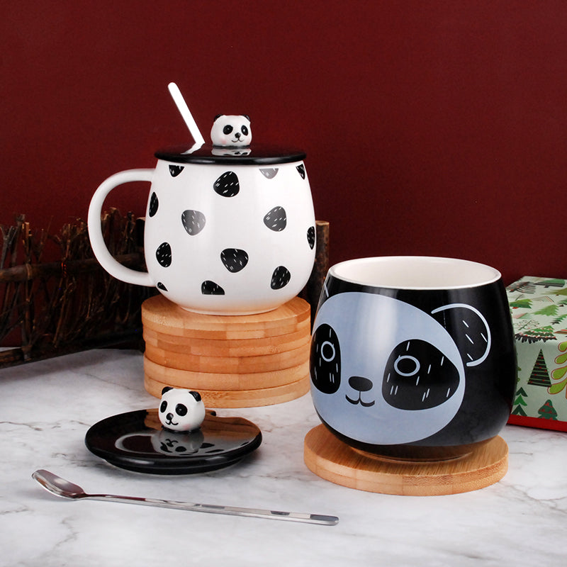 Round Black Panda Mug with Spoon and Ceramic Lid