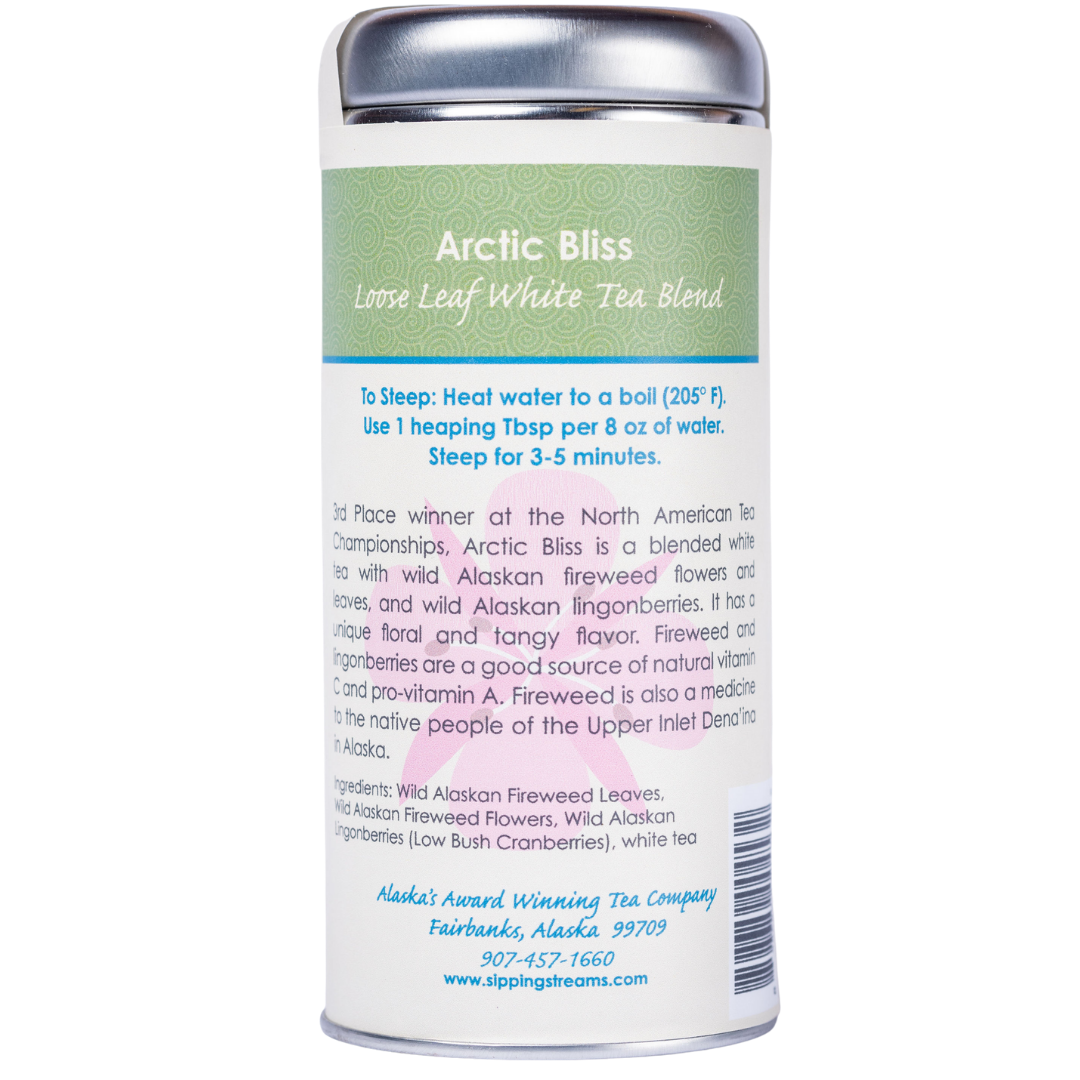 Back of tall tin of Sipping Steams Arctic Bliss loose leaf fireweed tea blend.