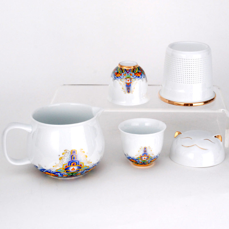 White Lucky Cat Tea Pot Set