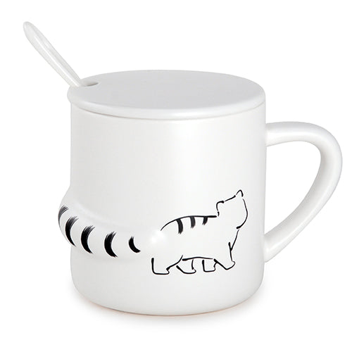 White Cat with Stripes Mug with Spoon and Lid