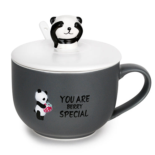 Taza Panda con Tapa y Cuchara de Cerámica