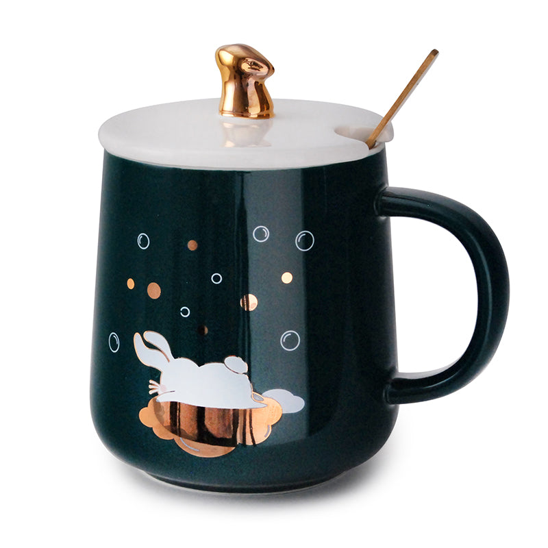 Taza Conejo Verde con Cuchara Dorada