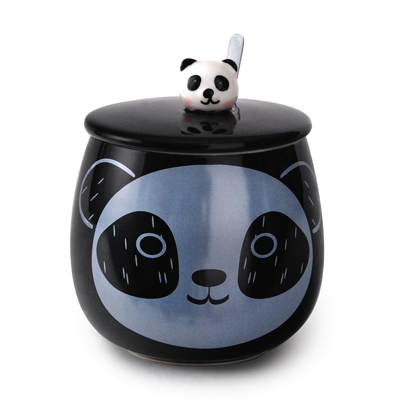 Round Black Panda Mug with Spoon and Ceramic Lid