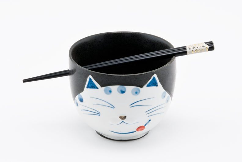 White Cat Black Bowl w/Chopsticks | Sipping Streams Tea Co