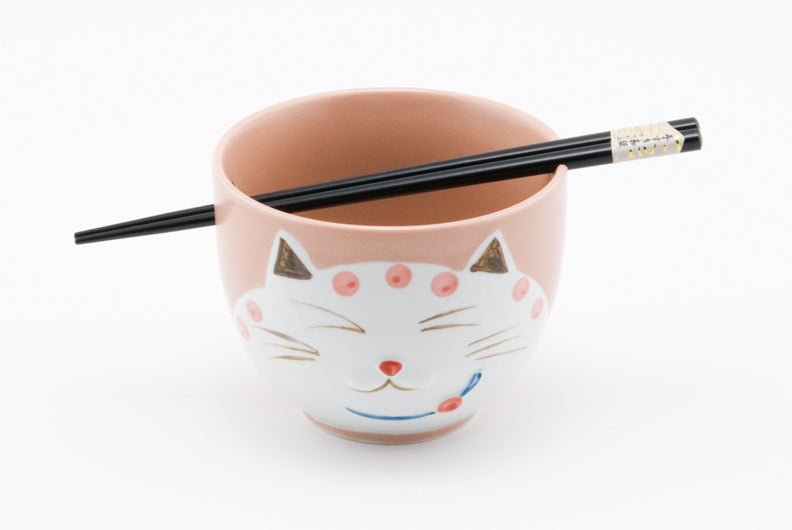 White Cat Pink Bowl w/Chopsticks