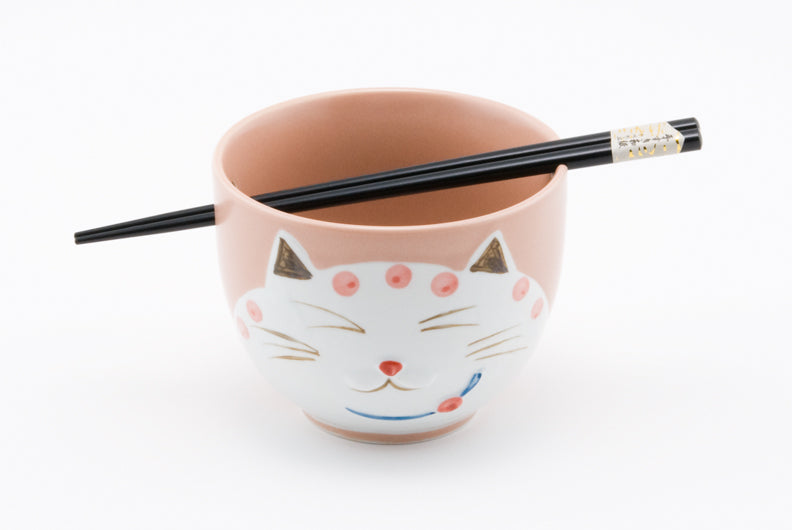 Cuenco Rosa Gato Blanco con Palillos
