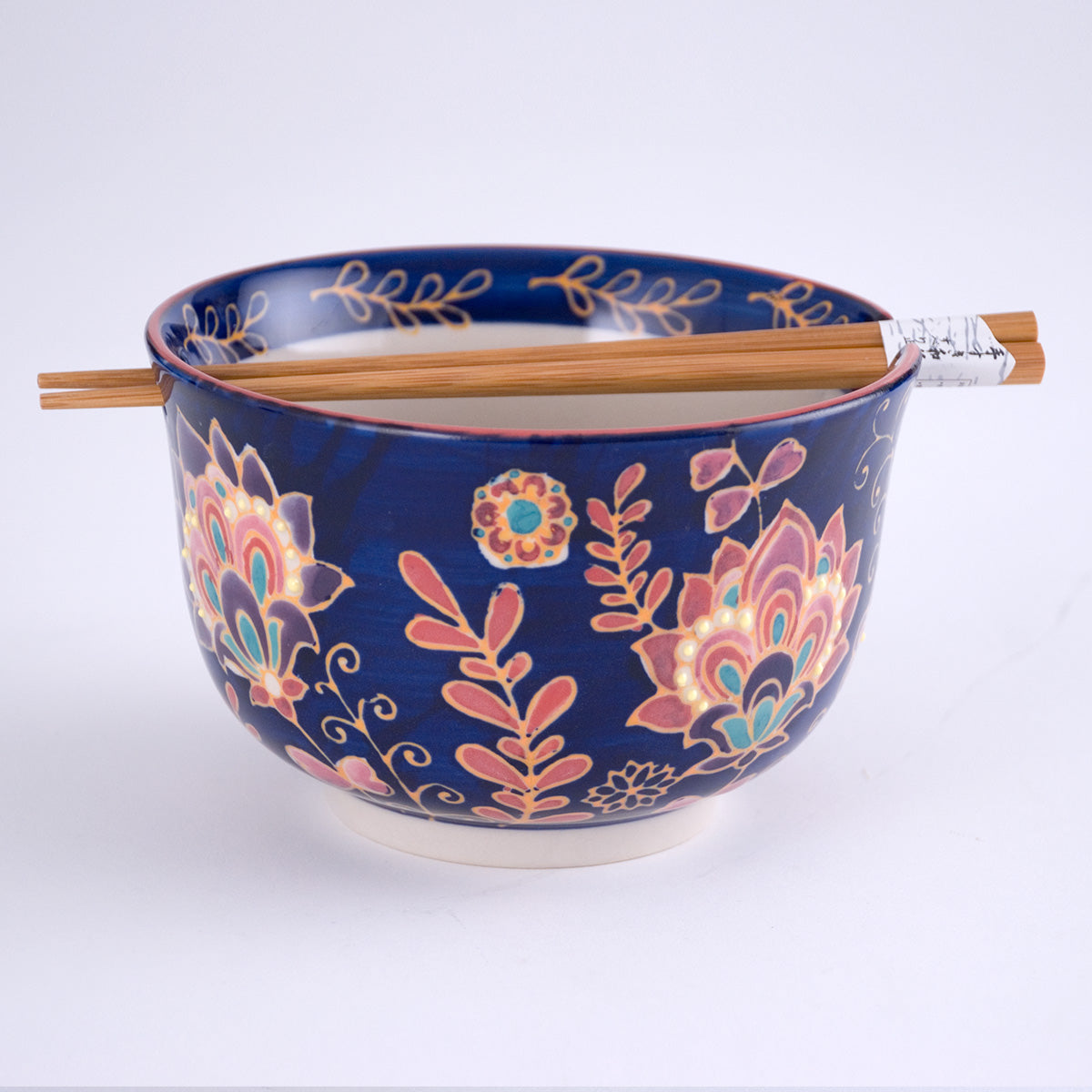 Tazón de flores azul real con palillos
