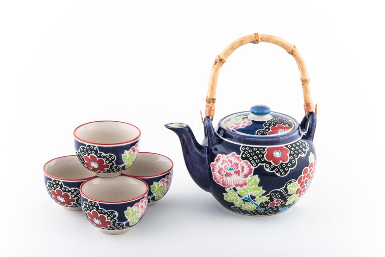 Dark Blue Ceramic Tea Set with Bamboo Handle