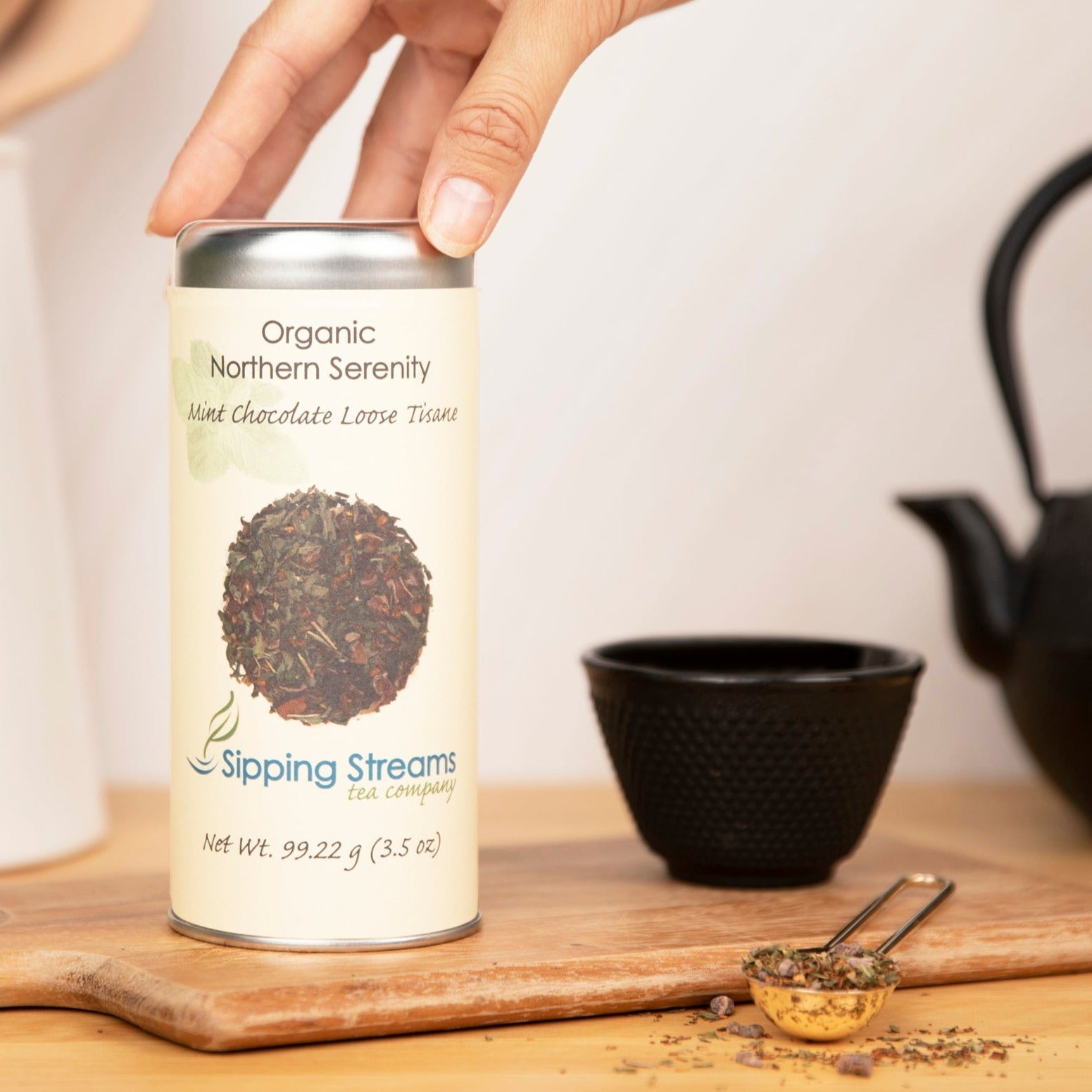 Front of Container for Organic Northern Serenity Herbal Tea Blend | Sipping Streams