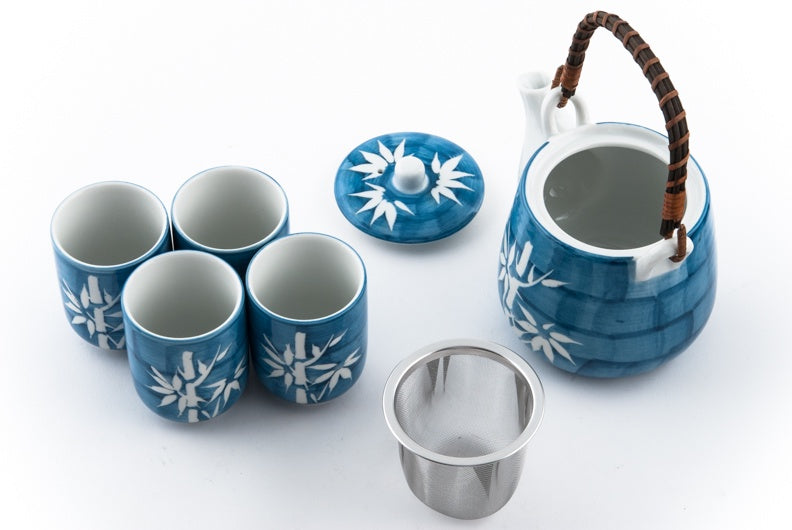 Juego de té de cerámica azul con bambú blanco