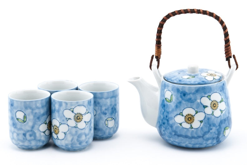 Spring-inspired blue and white tea set with floral design.