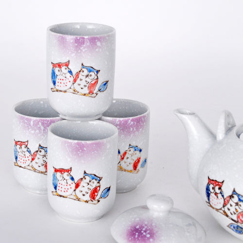 Juego de té de búho colorido