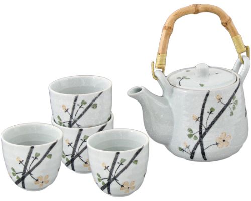 White Speckled Tea Set with Flower Branches