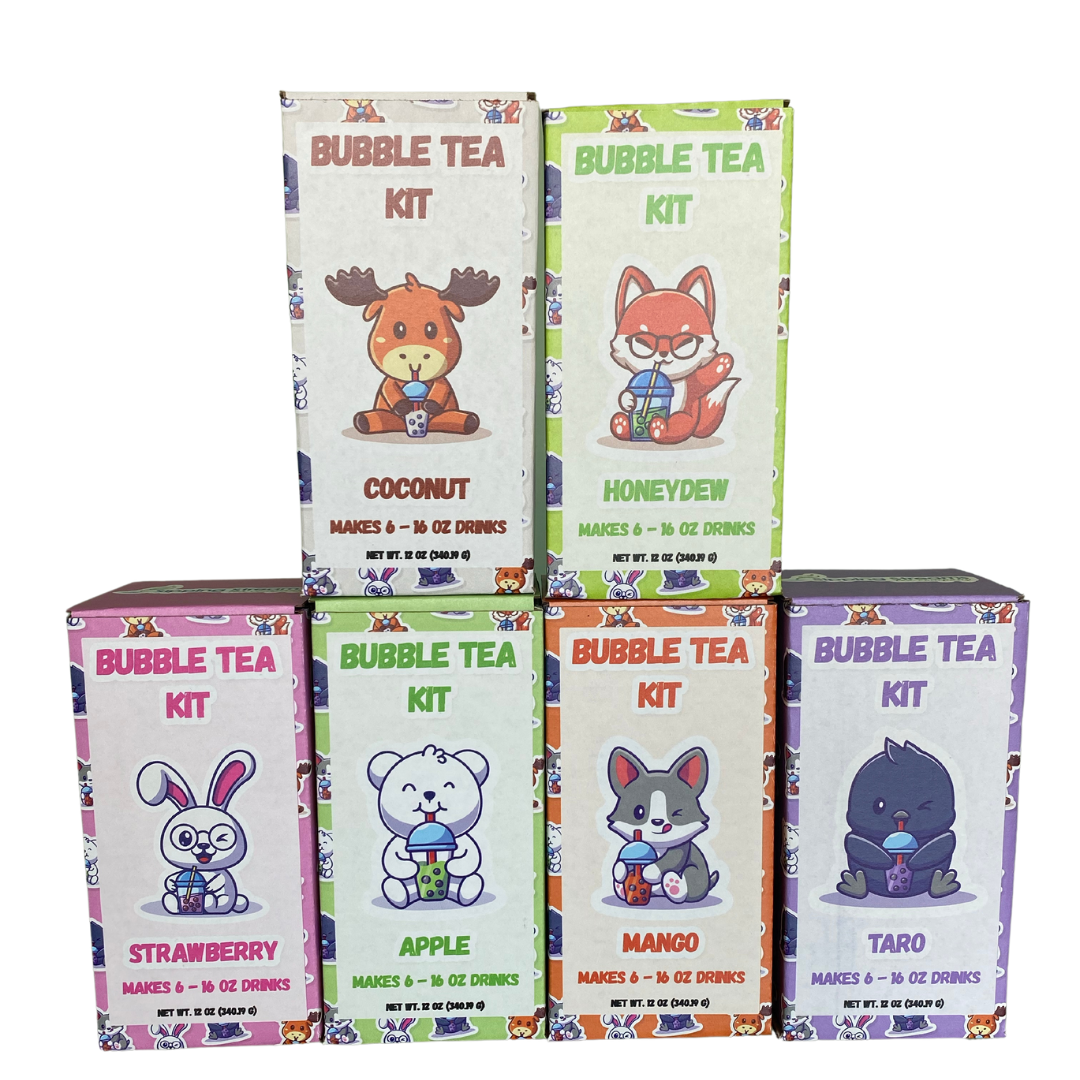 Coconut, Honeydew, Strawberry, Apple, Mango and Taro bubble tea kits stacked in a pyramid.