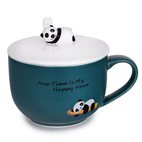 Taza Panda con Tapa y Cuchara de Cerámica