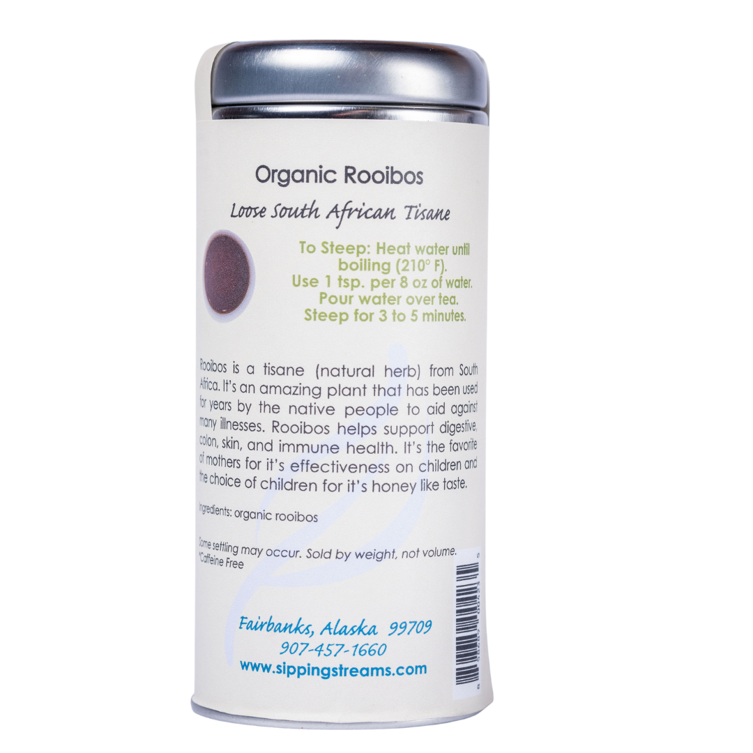 Packaged Organic  Rooibos Tea (Red Bush Tea) by Sipping Streams, featuring ingredients like organic rooibos, ideal for those seeking the best tea for allergies.