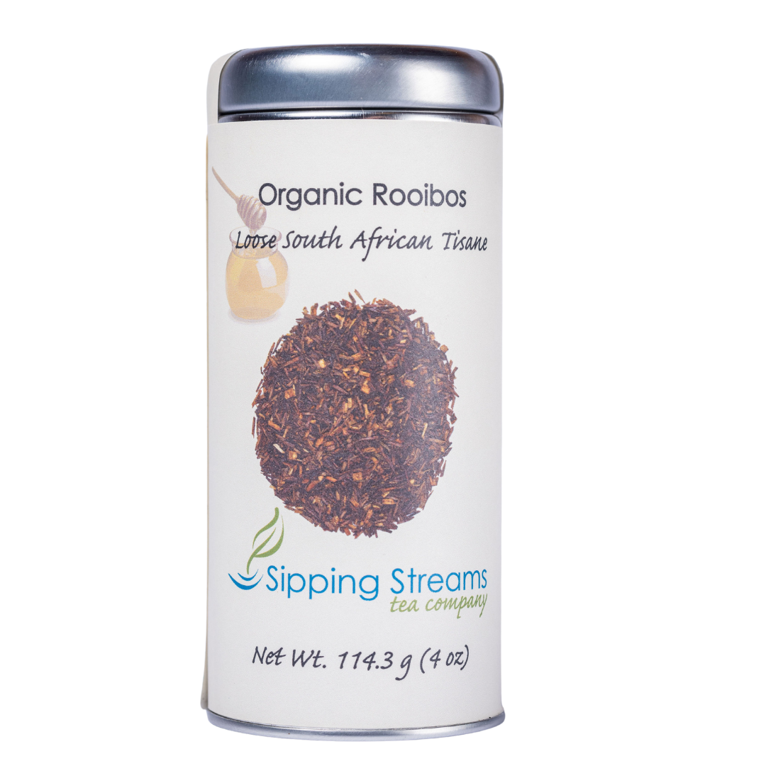 Packaged Organic  Rooibos Tea (Red Bush Tea) by Sipping Streams, featuring ingredients like organic rooibos, ideal for those seeking the best tea for allergies.
