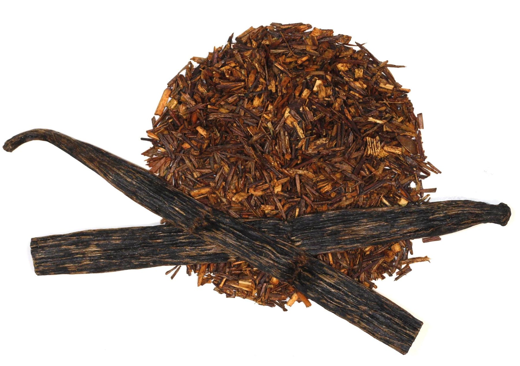 Loose leaf Vanilla Rooibos Tea displaying its unique reddish-brown color, perfect for a caffeine-free relaxation and allergy relief.