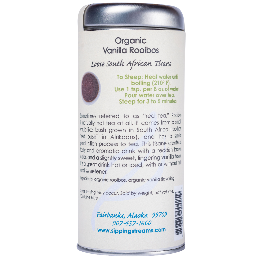 Packaged organic Vanilla Rooibos Tea by Sipping Streams, featuring ingredients like organic rooibos and vanilla, ideal for those seeking the best tea for allergies.